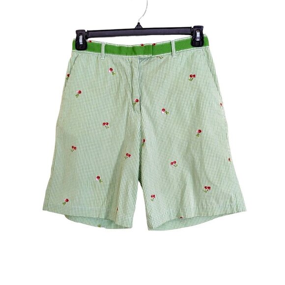 Khakis Brand Shorts Womens 8 Gingham Cherry Bermuda Walking Embroidered Green - Picture 1 of 5